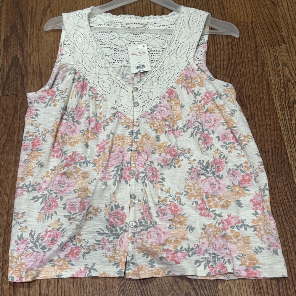 NWT Lucky Brand Crochet-Trim Floral Button-Front Camisole - Pink & Cream - Picture 5 of 7
